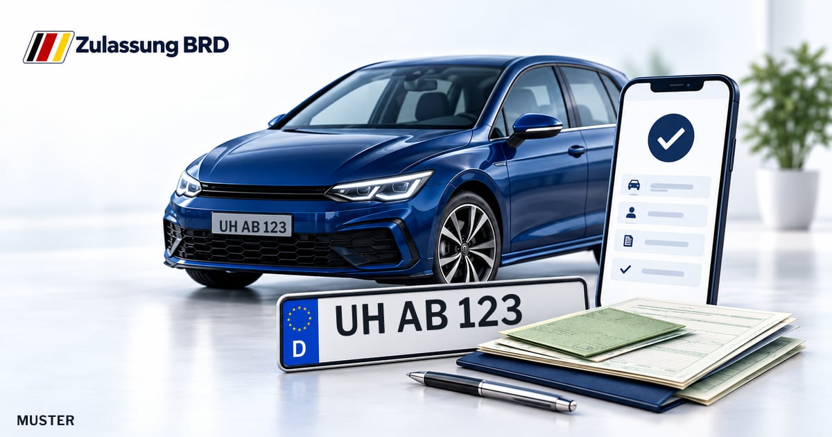 Online Fahrzeugzulassung in Bad Langensalza: Musterkennzeichen UH AB 123, Auto und Fahrzeugpapiere und Smartphone. Illustration mit Logo von Zulassung BRD.